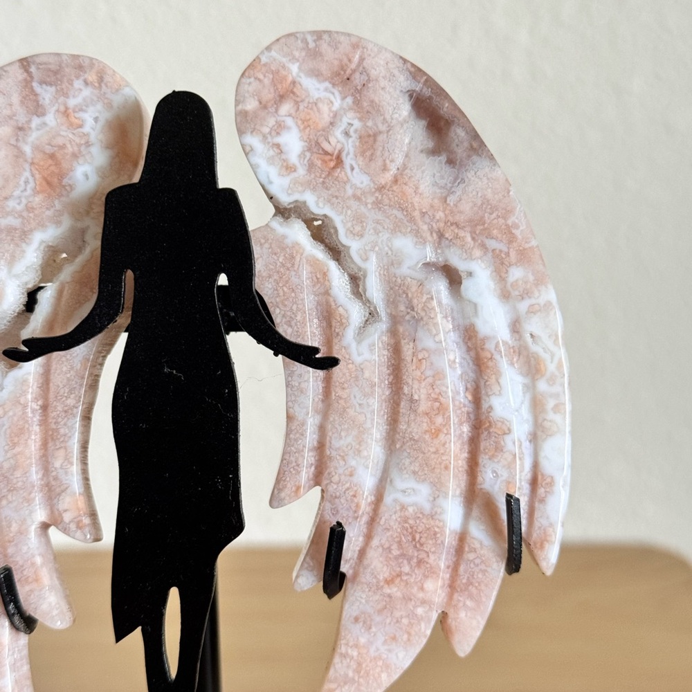 6.35” Beautiful Petal Agate Crystal wings on Angel stand - Picture 3 of 6